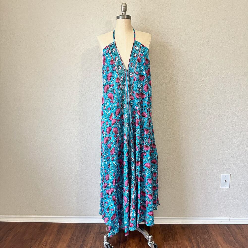 SHANTI Maxi Dress Blue Pink Floral Halter Neck Tasseled Backless Boho